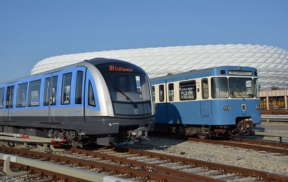 50 Jahre liegen zwischen dem jüngsten und ältesten U-Bahnzug im aktiven Fahrzeugbestand der MVG: ein C2 (Inbetriebnahme 2020) neben dem dienstältesten „A-Wagen“ (Inbetriebnahme 1970).