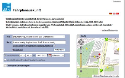 In dieser Woche starten die Impfzentren in der Region Braunschweig. Wer mit dem ÖPNV zu den Impfzentren fährt, kann das ganz einfach mithilfe der neuen App des Verkehrsverbundes Region Braunschweig (VRB) „VRB Fahrinfo & Tickets“ planen.