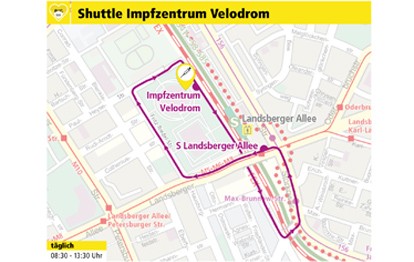 Wer in Berlin zur Corona-Impfung fährt, kann sich auf die öffentlichen Verkehrsmittel verlassen. Auch das fünfte Berliner Impfzentrum, das am Mittwoch, 17. Februar 2021, im Velodrom an der Landsberger Allee in Prenzlauer Berg eröffnet wird, ist mit den Straßenbahnen der Berliner Verkehrsbetriebe BVG (Linien M5, M6 und M8), der Buslinie 156 und mit den Ringbahnlinien der S-Bahn bestens erreichbar.