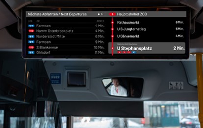 Mit dem Update der Busmonitore der Hamburger Hochbahn AG (HOCHBAHN) erhalten Kunden bereits vor der Einfahrt in die nächste Haltestelle eine Übersicht zu den Umstiegen auf andere Buslinien, U- und S-Bahn sowie den Regionalverkehr. Den Fahrgästen werden zudem die Abfahrtszeiten ihrer Anschlussverbindungen angezeigt.