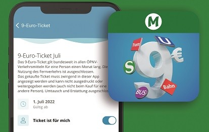 Die 9 Euro Ticket-App ermöglicht den schnellen und einfachen Kauf des Tickets (Bild: eos.uptrade; Copyright für das Logo: DB Vertrieb GmbH)