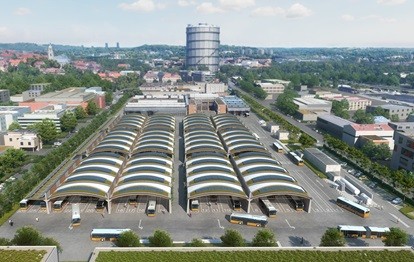 Visualisierung des geplanten Hallenbauwerks für den Busbetriebshof Gaisburg der SSB AG (Bild: sbp schlaich bergermann partner)